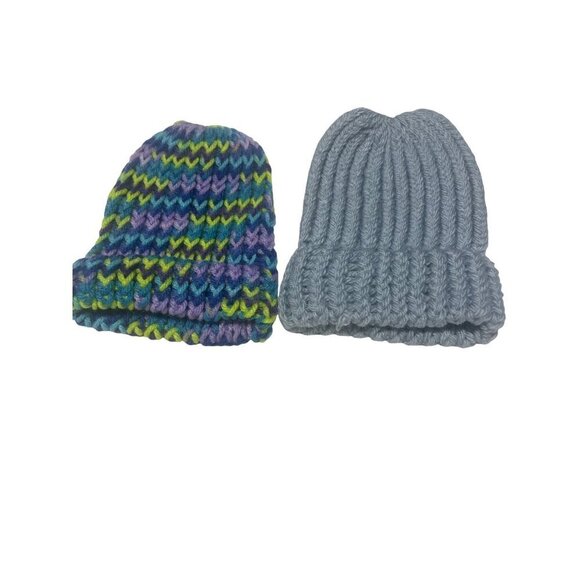 Hand-Knitted Baby Beanie Set - Soft Acrylic Yarn - Blue & Multicolored - Cozy & - Picture 1 of 6